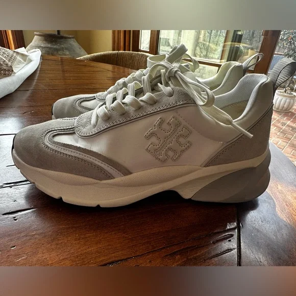 Tory Burch White and Light Gray Leather & Suede Platform Sneakers - Picture 2 of 8